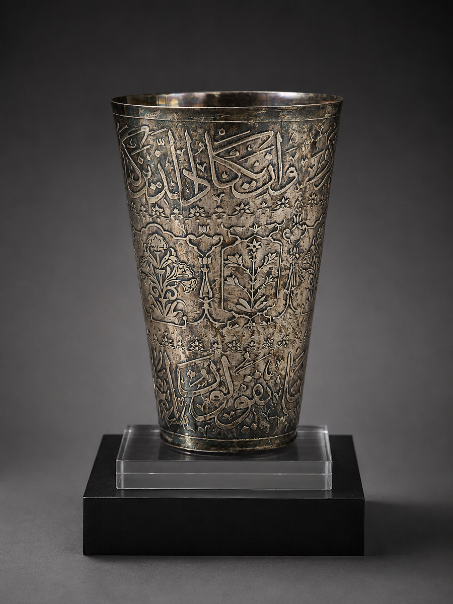 Islamic Imperial German Silver Tumbler Hand-Carved with Quran Verses