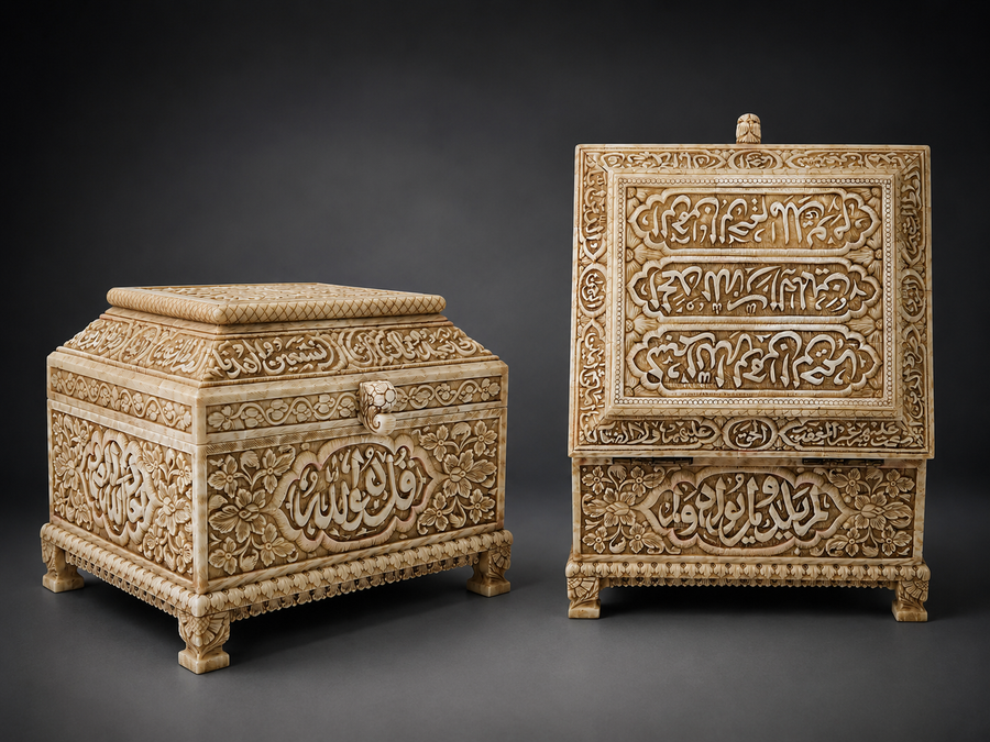 Islamic Handmade Mughal Style Natural Camel Bone Box Inscribed Quran Verses