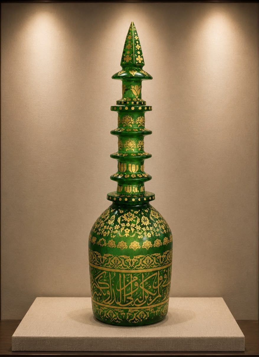Rare Ottoman Islamic Handmade Glass Decanter Handpainted with Quran Verses