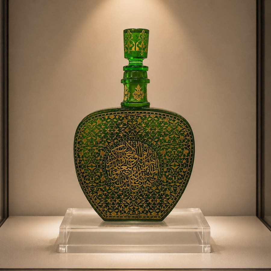 Rare Ottoman Islamic Handmade Glass Decanter Hand-Painted with Quran Verses