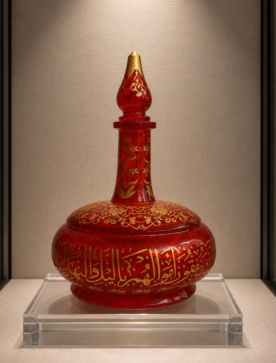 Rare Ottoman Glass Handmade Decanter Hand-Painted with Quran Verses