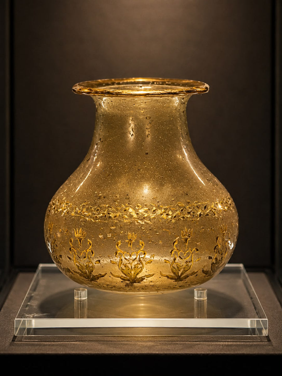 Islamic Mughal Gilded Blown Glass Bottle with Floral Decoration