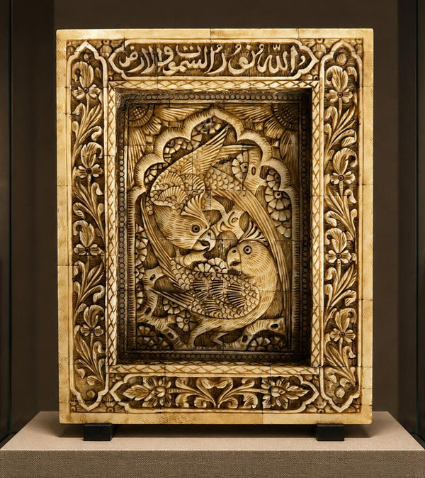 Islamic Handmade Mughal Style Natural Camel Bone Panel Inscribed Quran Verses with Birds and Floral Patterns