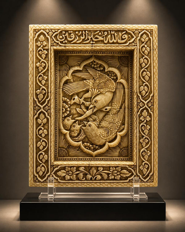 Islamic Handmade Mughal Style Natural Camel Bone Panel Inscribed Quran Verses with Birds and Floral Patterns