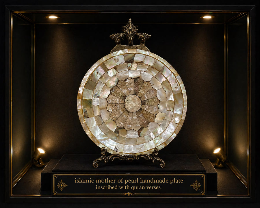 Rare Islamic Mughal Handmade Mother of Pearl Plate Hand-Carved with Quran Verses
