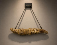Mughal Islamic Natural Camel Bone Gunpowder Flask, Handmade Hunting Scene