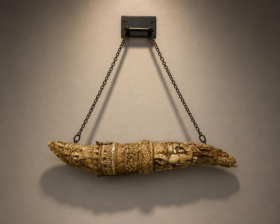 Mughal Islamic Natural Camel Bone Gunpowder Flask, Handmade Hunting Scene