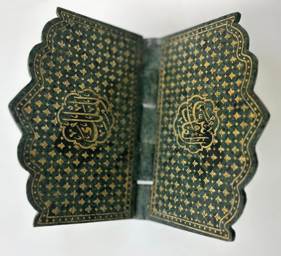 Mughal Style Indian Jade Stone Quran Rehal Hand-Engraved with Floral Patterns and Islamic Calligraphy