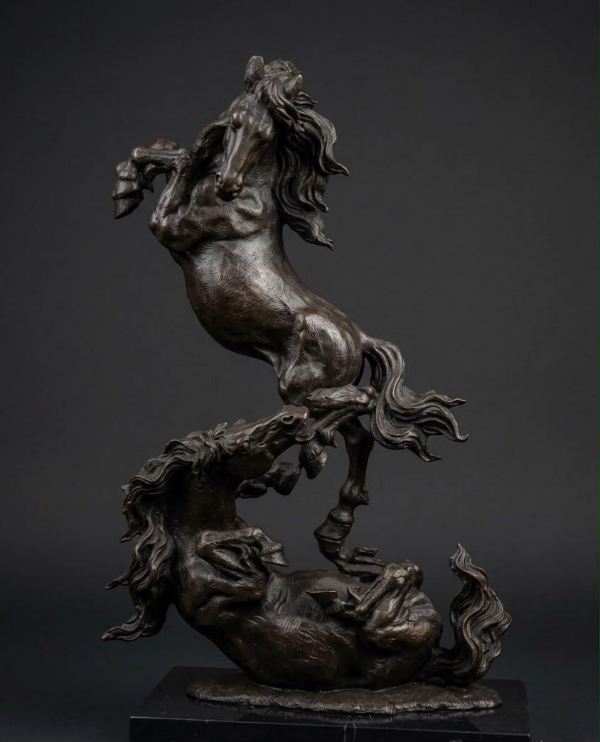 Galloping Trojan Horses Pair Vintage Bronze Sculpture