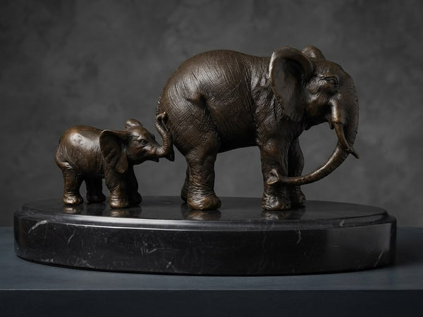 Mother-Baby Elephants Pair Bronze Sculpture