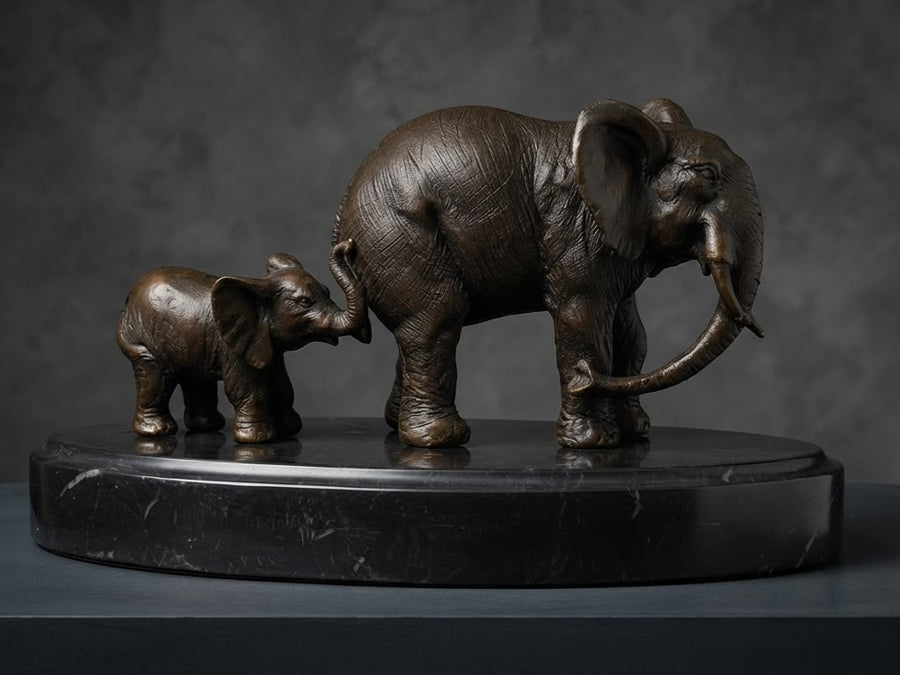 Mother-Baby Elephants Pair Bronze Sculpture