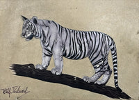 Rare 'White Tiger on Tree Bark' Handmade European Painting