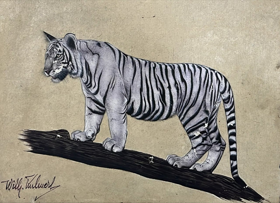Rare 'White Tiger on Tree Bark' Handmade European Painting