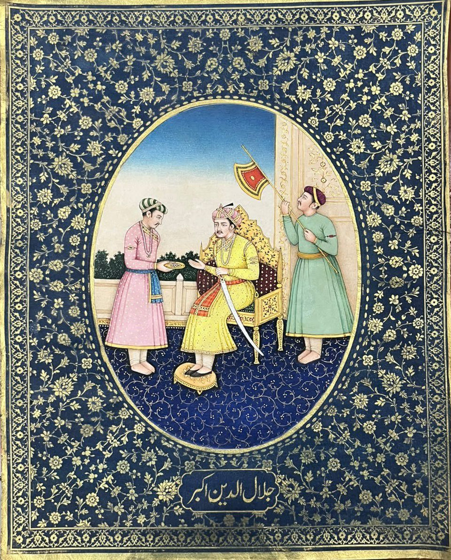 Vintage 'Mughal Emperor Jalal-Ud-Din Akbar & the Royal Life' Handmade Miniature Painting