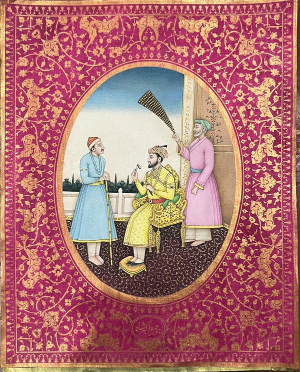 Vintage 'Mughal Emperor in Royal Palace' Handmade Miniature Painting