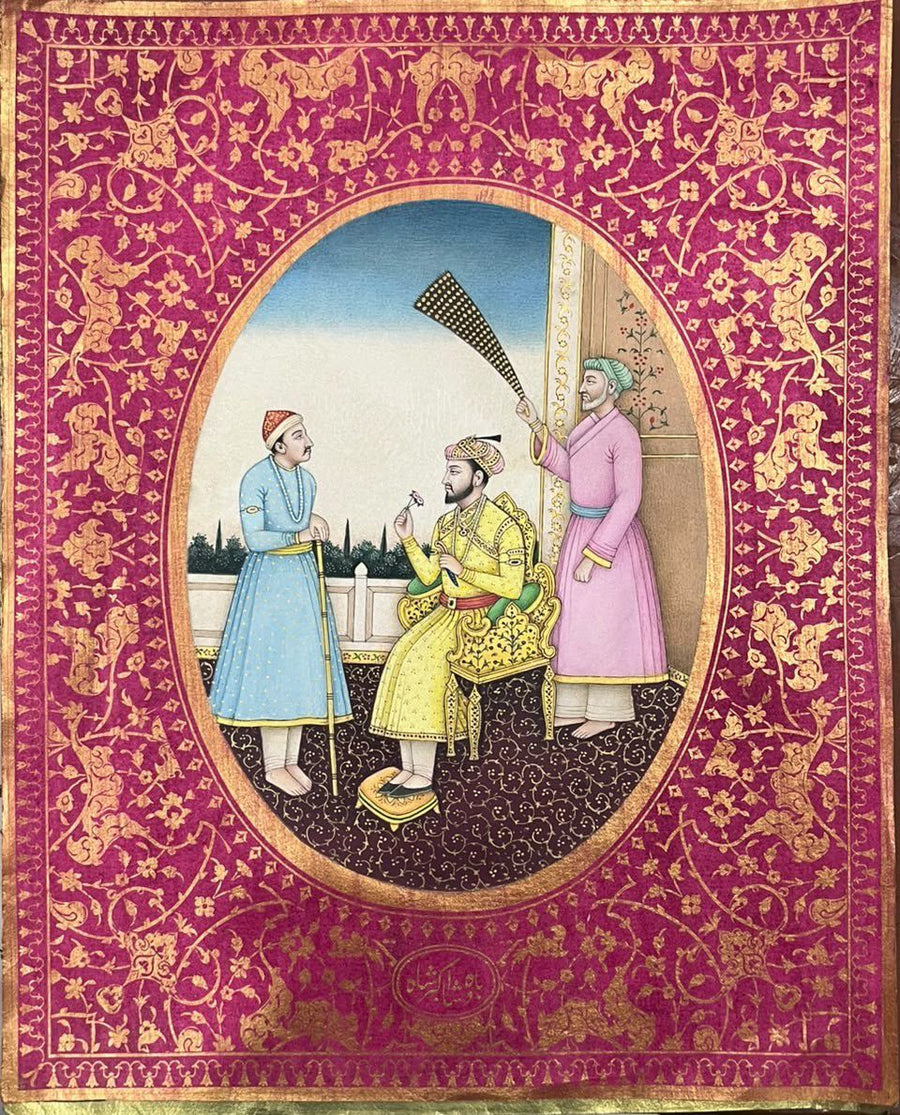 Vintage 'Mughal Emperor in Royal Palace' Handmade Miniature Painting