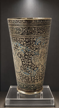 Persian Qajar Enameled Brass Tumbler with Engraved Floral Work by Mohd. Ismael Isfahani