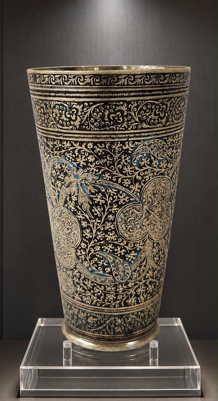 Persian Qajar Enameled Brass Tumbler with Engraved Floral Work by Mohd. Ismael Isfahani