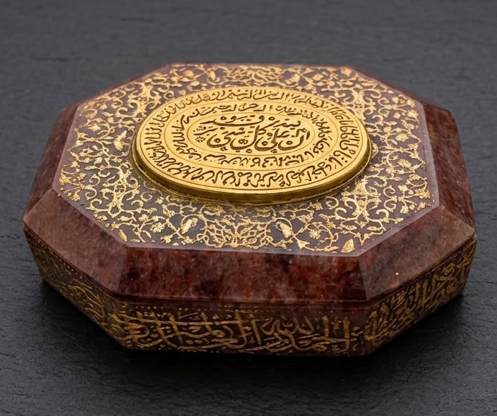 Rare Islamic Mughal Hand-Engraved Red Jade Stone Box with Hand-Embossed Quran Verses and Floral Art
