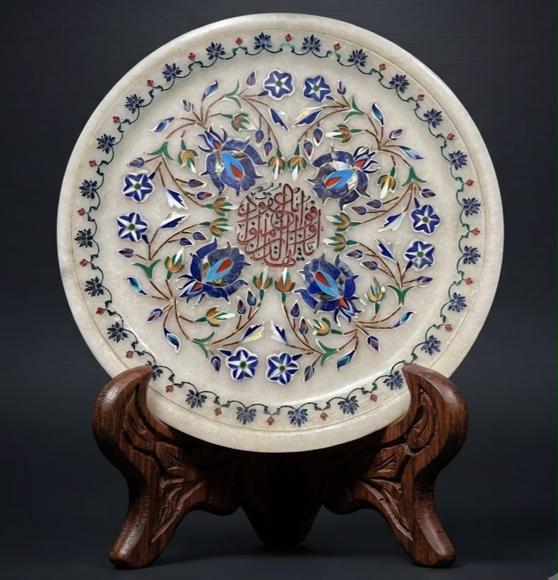 Islamic Jade Stone White Plate with Hand-Embossed Quran Verses & Floral Art