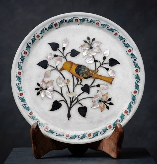 Islamic Jade Stone White Plate with Hand-Embossed Quran Verses and Floral Art