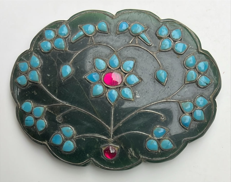Museum Quality Mughal Handmade Islamic Jade Stone Pendant Studded with Semi-Precious Stones