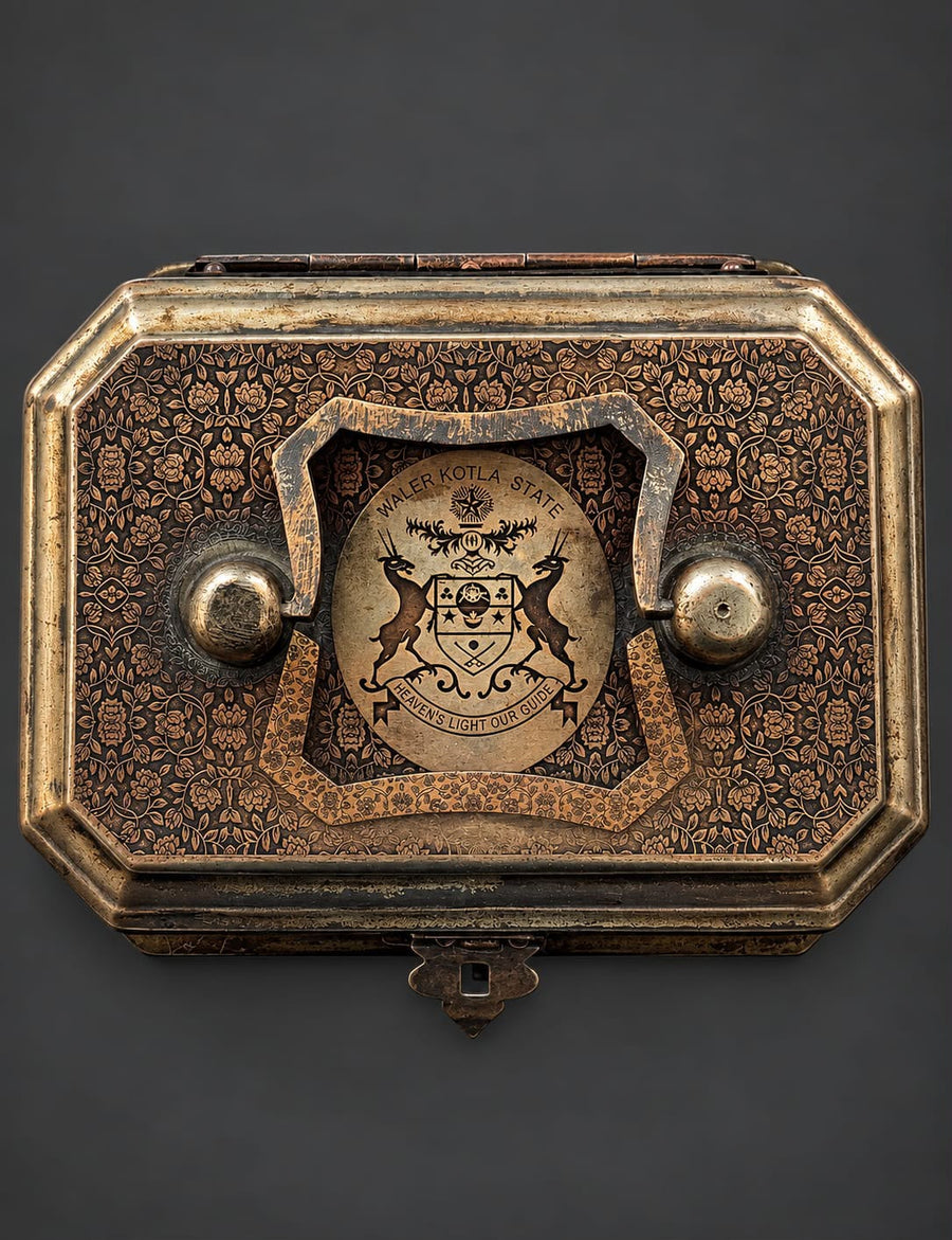 Exquisite Quality Mughal Brass Betel Nut Box with Floral Motifs and the Malerkotla State Coat of Arms