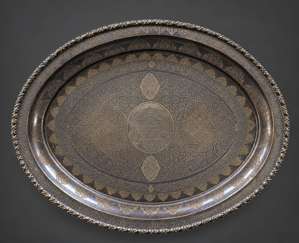 Rare Silver-Coated Brass Tray with Nizam of Hyderabad's Coat of Arms at the Center