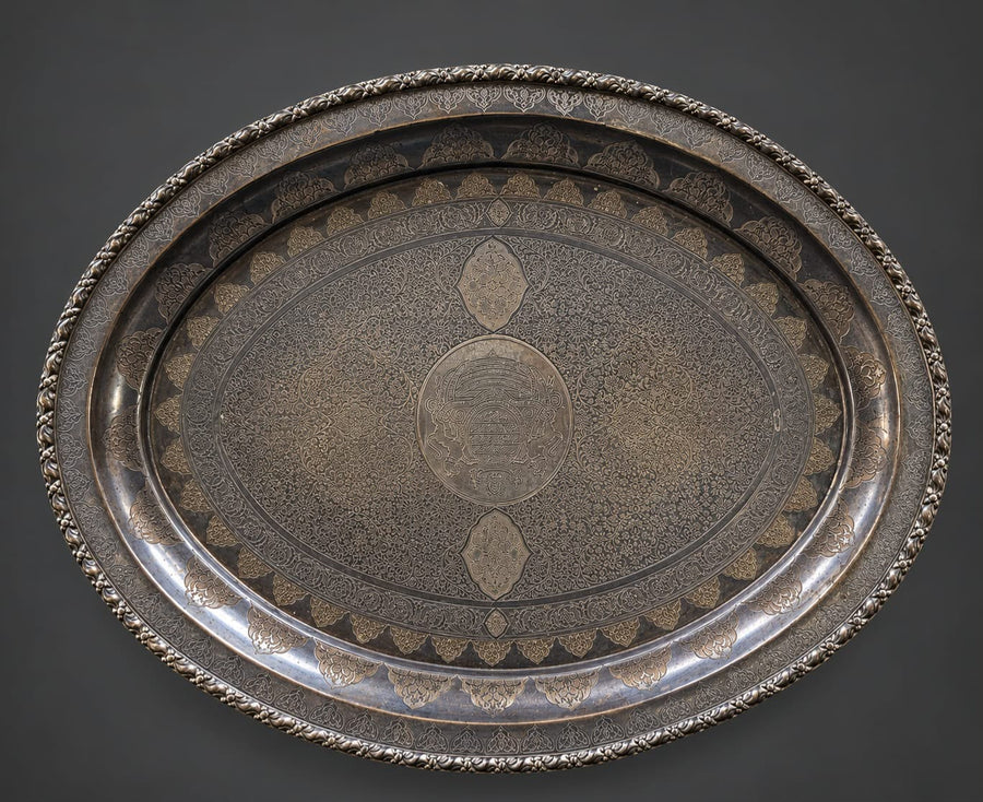 Rare Silver-Coated Brass Tray with Nizam of Hyderabad's Coat of Arms at the Center