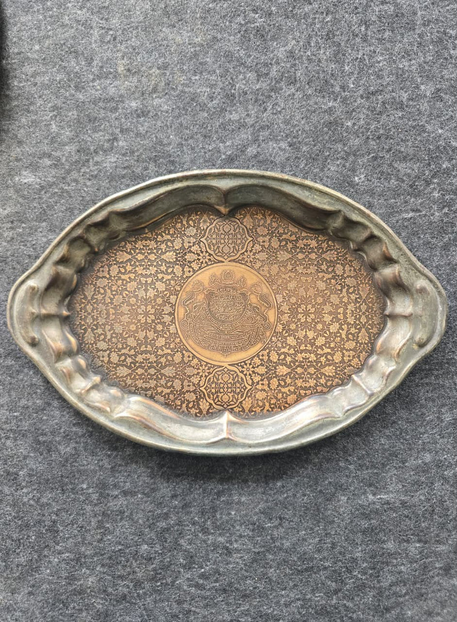 Rare Silver-Coated Brass Tray with Nizam of Hyderabad's Coat of Arms at the Center
