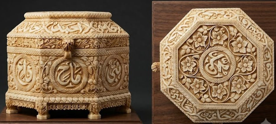 Rare Islamic Handcrafted Natural Camel Bone Box Inscribed with Quran Verses