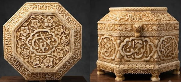Rare Islamic Handcrafted Natural Camel Bone Octagonal Box Inscribed with Quran Verses
