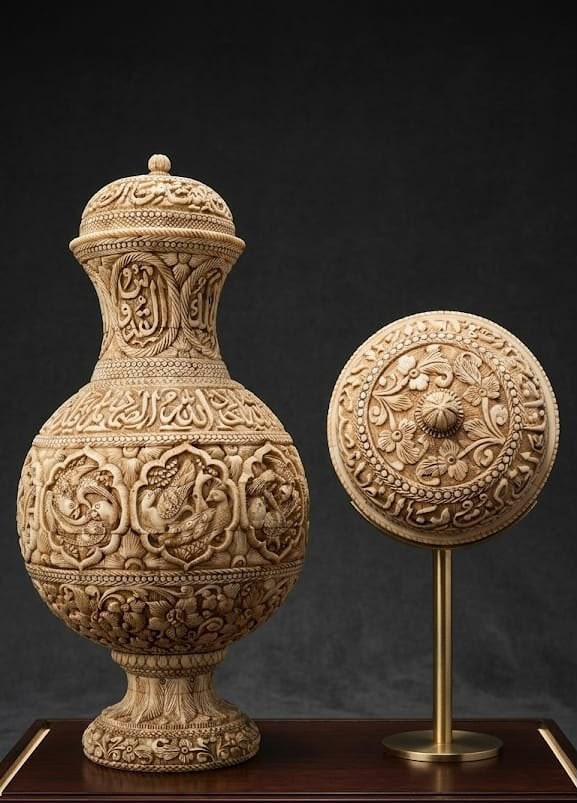Rare Islamic Handcrafted Natural Camel Bone Vase Inscribed with Quran Verses
