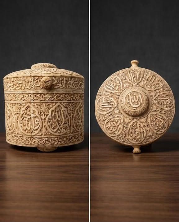 Rare Islamic Handcrafted Natural Camel Bone Round Box Inscribed with Quran Verses