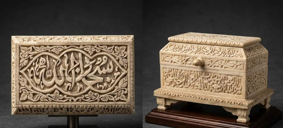 Rare Islamic Handcrafted Natural Camel Bone Box Inscribed with Quran Verses