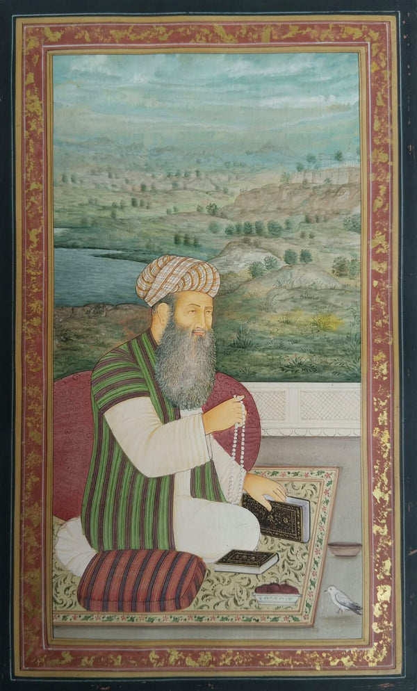 Rare Miniature Painting Depicting a Mughal Era Scene of a Sufi Sheikh with Prayer Beads