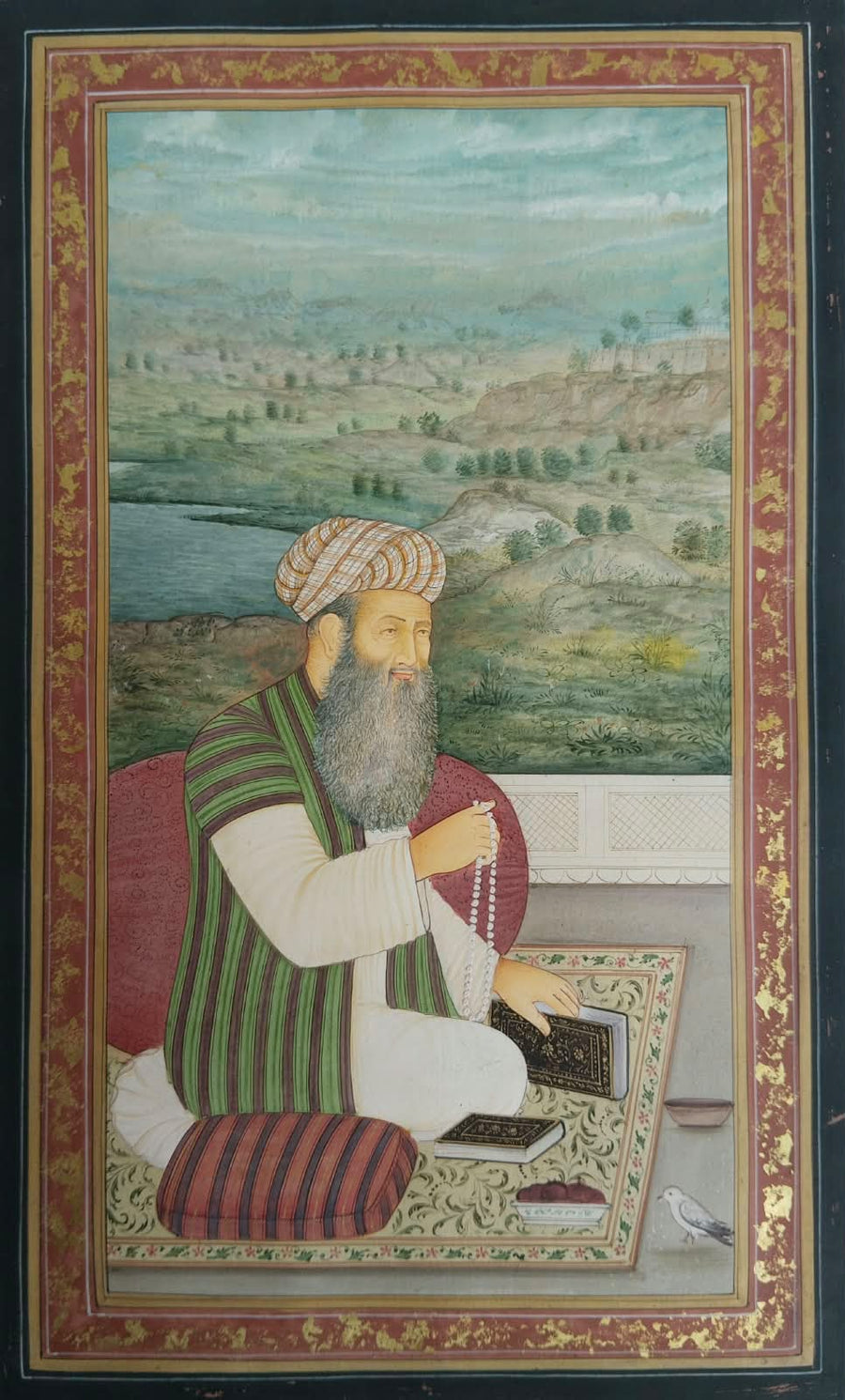 Rare Miniature Painting Depicting a Mughal Era Scene of a Sufi Sheikh with Prayer Beads