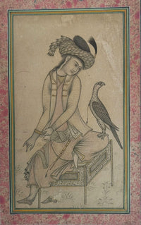 Miniature Painting Depicting a Mughal Era Scene of a Royal Prince with a Falcon