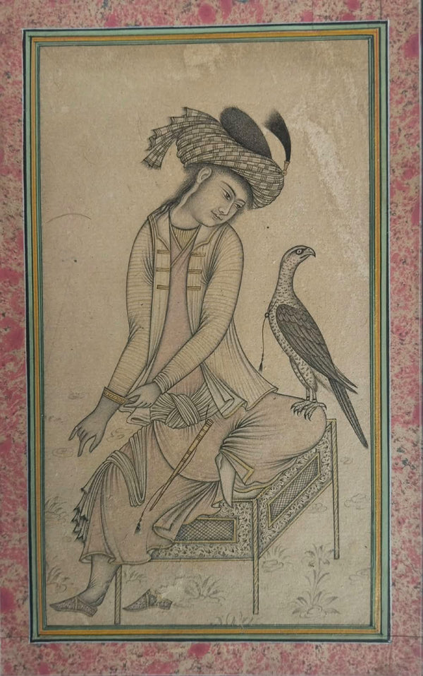 Miniature Painting Depicting a Mughal Era Scene of a Royal Prince with a Falcon
