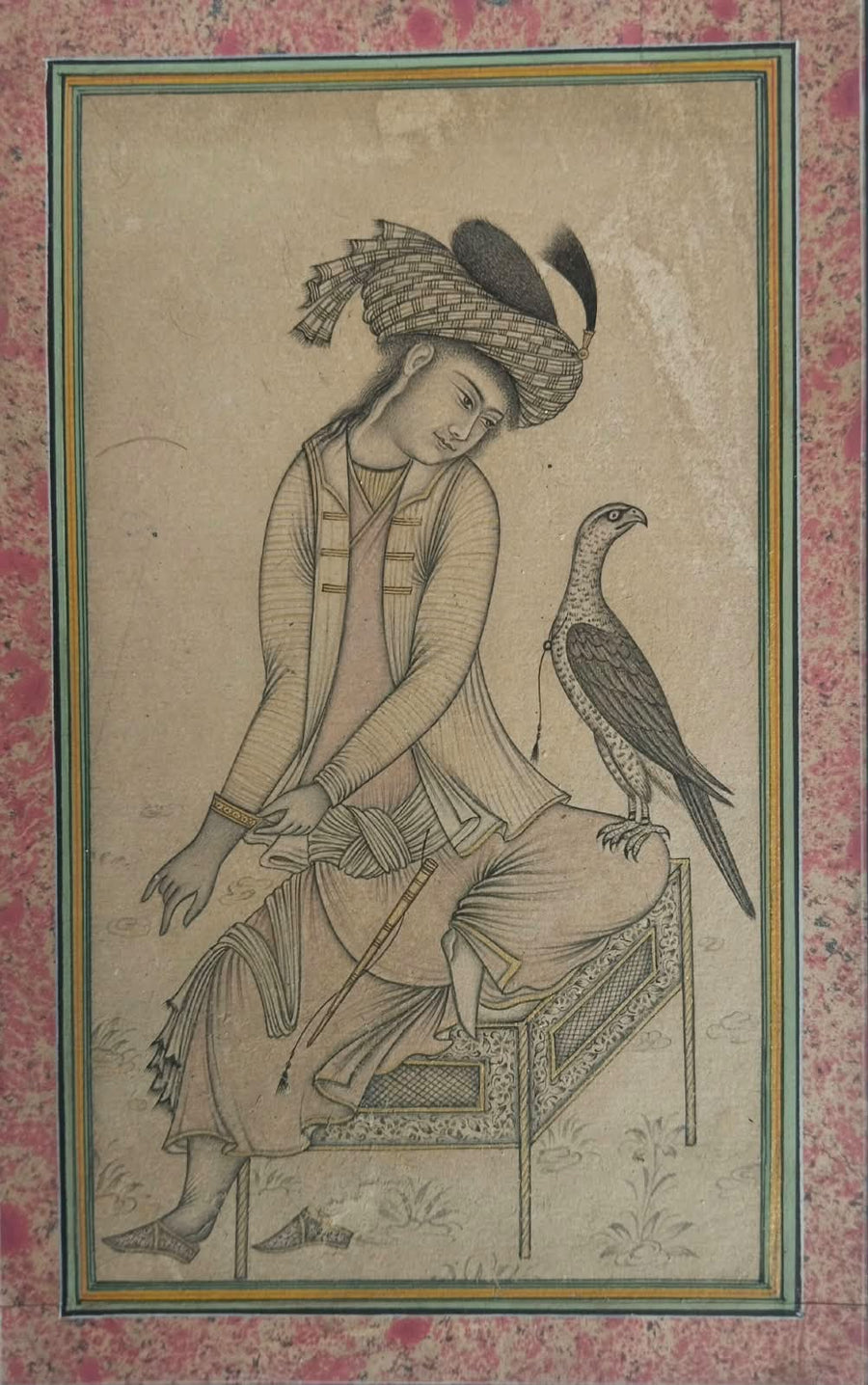 Miniature Painting Depicting a Mughal Era Scene of a Royal Prince with a Falcon