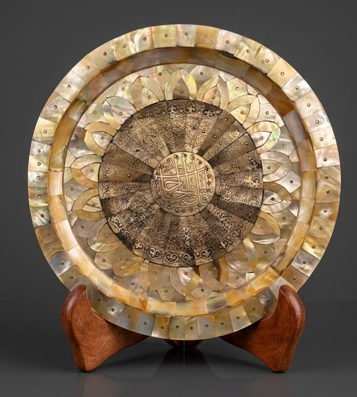 Rare Islamic Mughal Mother of Pearl Plate Inscribed with Quran Verses