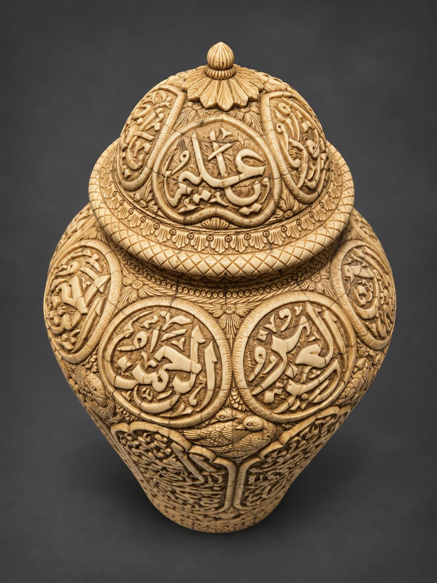 Rare Islamic Handcrafted Natural Camel Bone Vase Inscribed with Quran Verses