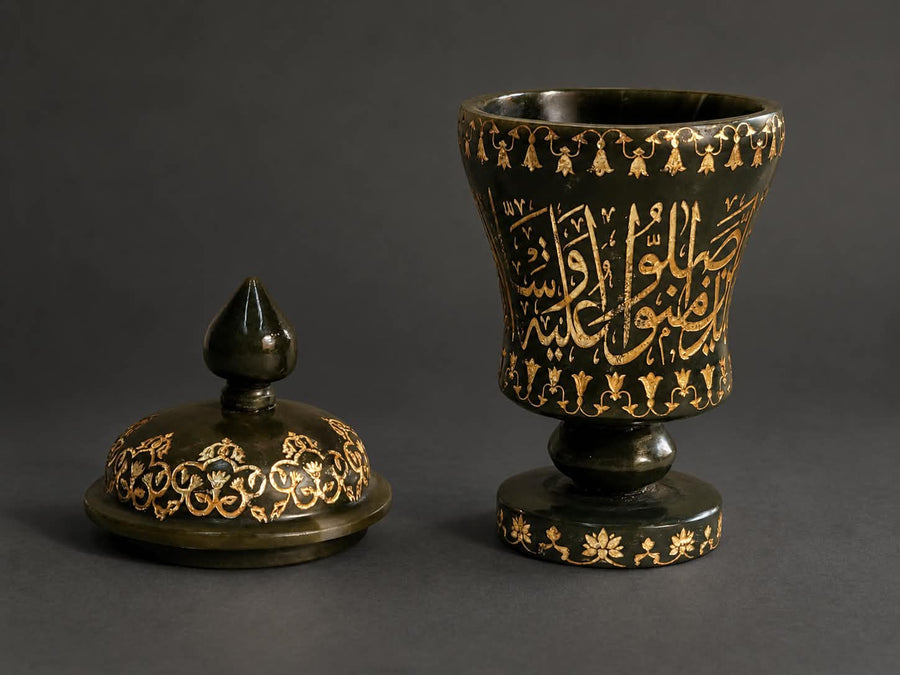Rare Islamic Mughal Hand-Engraved Kai Green Jade Stone Lidded Pot with Quran Verses