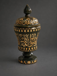 Rare Islamic Mughal Hand-Engraved Kai Green Jade Stone Lidded Pot with Quran Verses