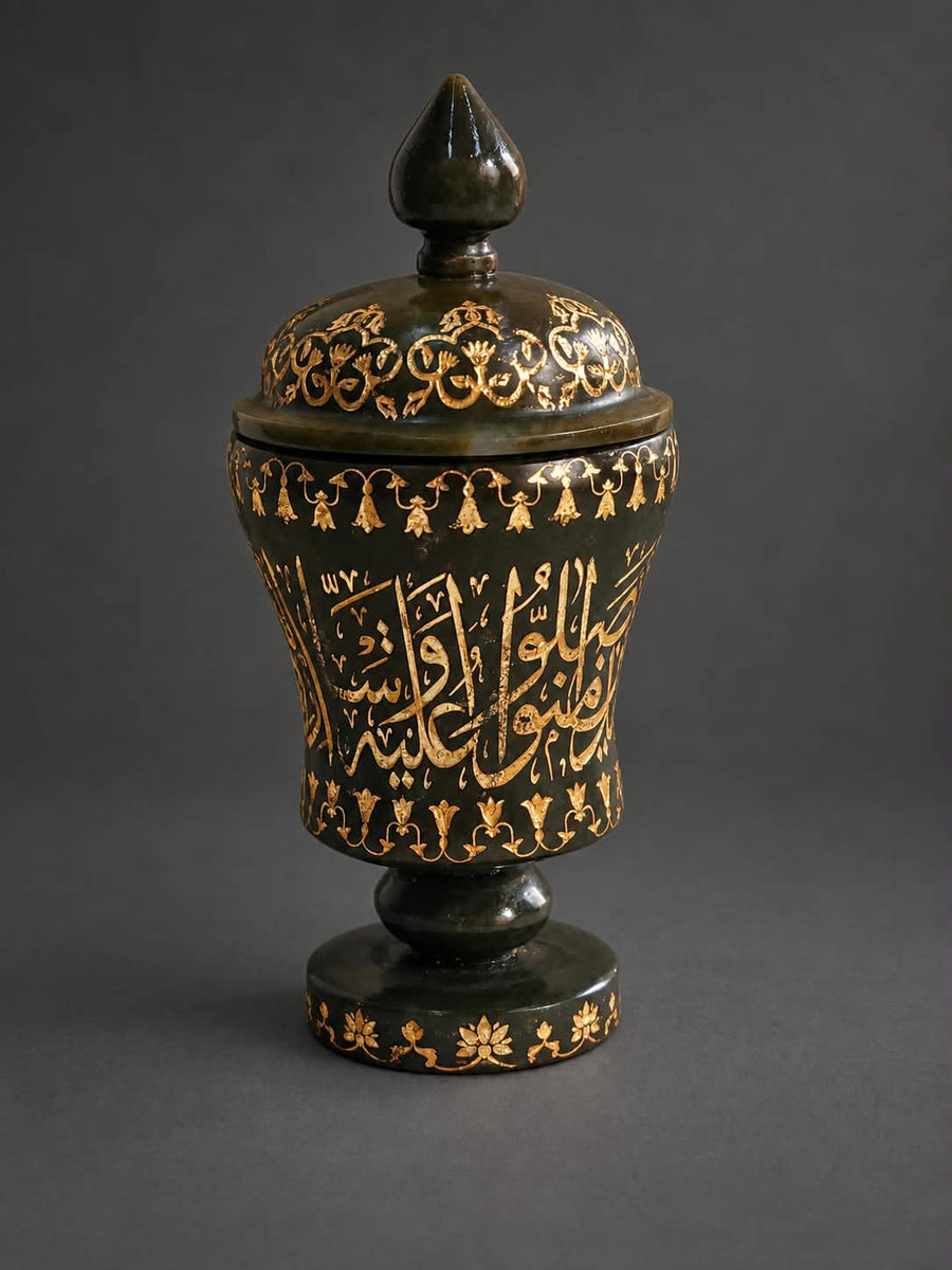 Rare Islamic Mughal Hand-Engraved Kai Green Jade Stone Lidded Pot with Quran Verses