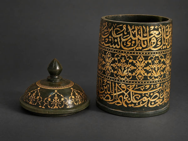 Rare Islamic Mughal Hand-Engraved Kai Green Jade Stone Lidded Jar