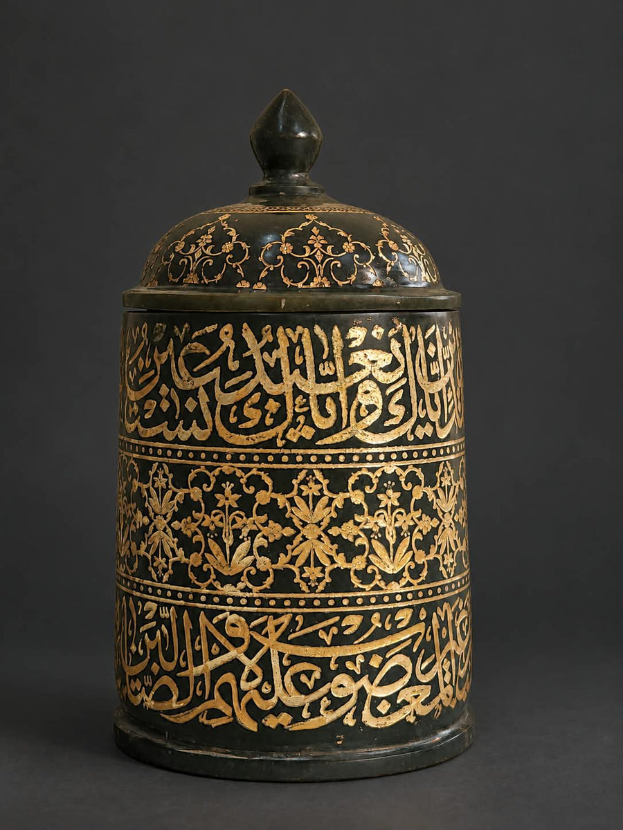 Rare Islamic Mughal Hand-Engraved Kai Green Jade Stone Lidded Jar